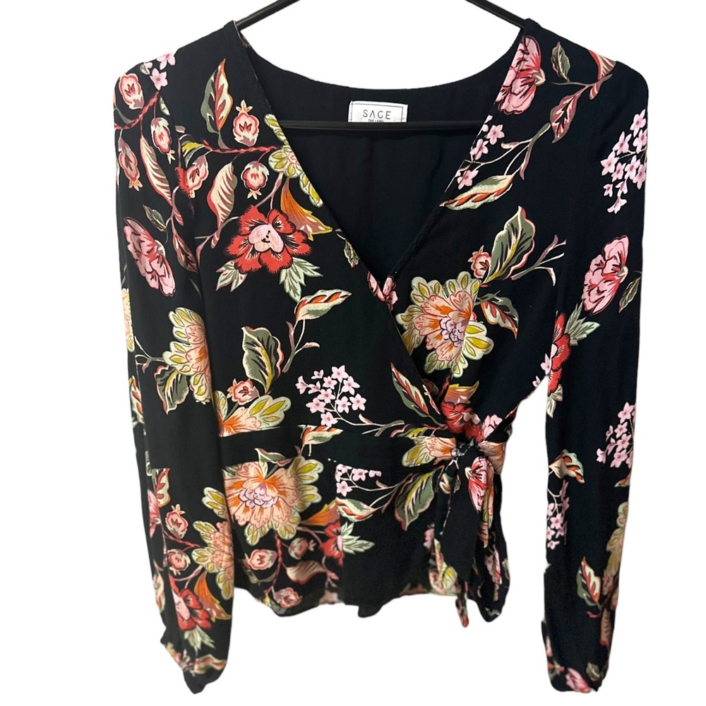 Sage The Label By Anthropologie Vici Black Floral Wrap Blouse Tie Crop Top  XS